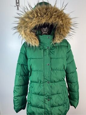 Tommy Hilfiger Green Puffer Coat with Faux Fur Hood - Women's Winter Jacket